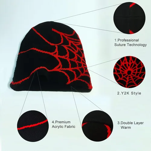 Miniatura 6 de Y2k Beanie para mujer, gorro de tela de araña Y2k, regalo ideal para el invierno