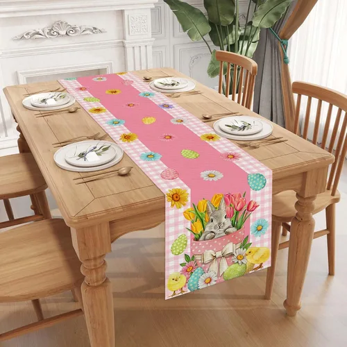 Miniatura 3 de Camino de mesa de Pascua a cuadros de búfalo rosa y blanco, huevo de Pascua, conejito, margarita, tulipán, decoración de mesa floral, primavera