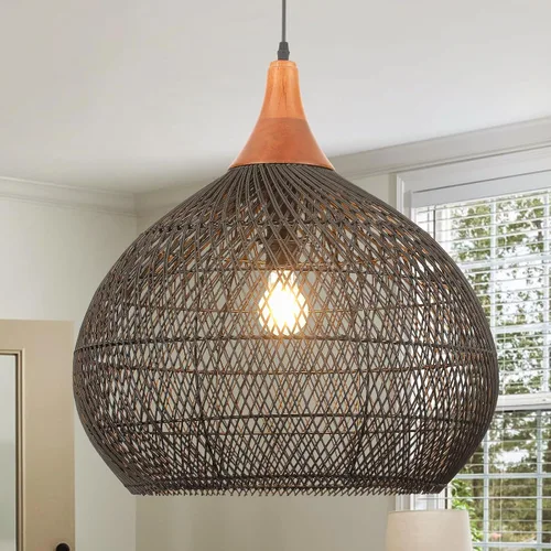Miniatura 11 de Luces Colgantes Bohemias, Candelabro de Ratán de 1 Luz de 15.7", Luz Colgante de Mimbre Tejida a Mano con Pantalla de Jacinto de Agua, Luz Colgante