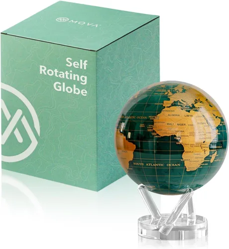 Miniatura 10 de MOVA Globe - Verde esmeralda y dorado clásico (4.5 pulgadas) Movimiento alimentado por energía solar Sin baterías Regalo para escritorio