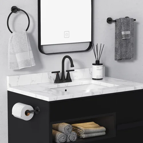 Miniatura 7 de Grifos de Baño para Lavabo de 3 Orificios, Hurran Grifo de Lavabo de Baño Negro Mate de 4 Pulgadas con Desagüe Pop-up y 2 Mangueras de Suministro, 2