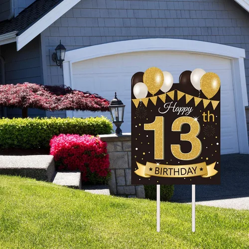 Miniatura 5 de Letrero grande de patio para fiesta de feliz cumpleaños número 13, negro dorado, letreros de patio de cumpleaños 13 con estacas y decoraciones