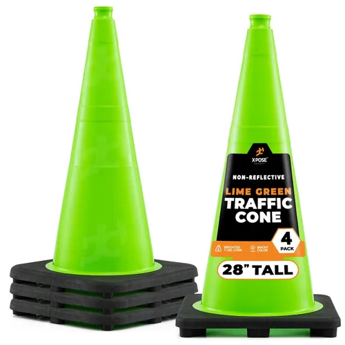 Xpose Safety Cono de tráfico verde lima de 28 pulgadas, paquete de 4, cono de seguridad de PVC de alta calidad para estacionamiento, precaución,