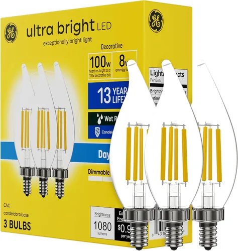 GE Bombillas LED Ultra Brillantes, 100W, Luces de Vela Luz de Día, Bombillas Decorativas Transparentes CA12, Base Candelabra (Paquete de 3)
