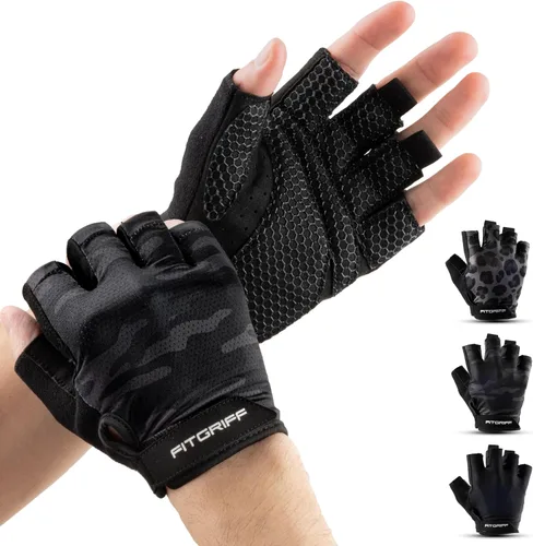 Fitgriff® Guantes de entrenamiento (acolchados) para hombres y mujeres, guantes de gimnasio sin dedos para levantamiento de pesas, entrenamiento,