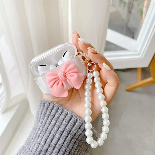 Miniatura 2 de Funda transparente compatible con AirPods 1 y 2, hermoso diseño de lazo colorido con pulsera de perlas de lujo, ultrafina, funda protectora de RosaA