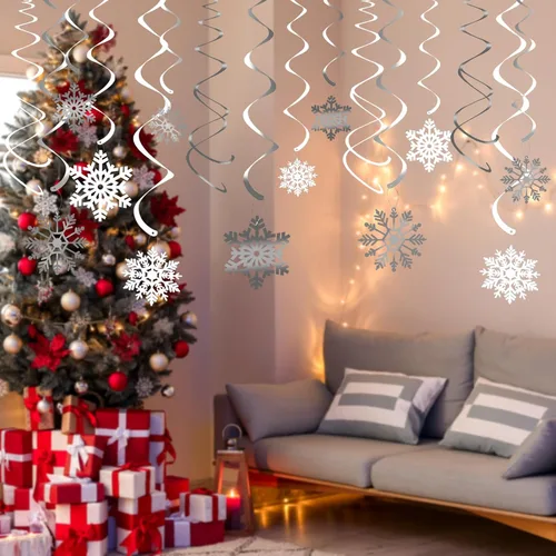 Miniatura 6 de Decoración de remolino colgante de copo de nieve de Navidad de 42 quilates, serpentinas de plástico para decoración colgante de techo, guirnalda