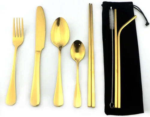 Miniatura 13 de Utensilios reutilizables plateados con estuche, saludables y ecológicos, juego de vajilla portátil de acero inoxidable de 8 piezas, juego de vajilla