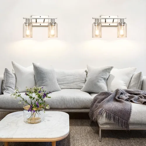 Miniatura 8 de ShineTech Lámparas de baño de 2 luces, modernas luces de tocador con pantalla de vidrio transparente, luz de tocador de baño de níquel cepillado