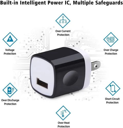 Miniatura 4 de UorMe - Adaptador de pared, paquete de 10 unidades, cargador de un solo puerto de 1A, 5 V, enchufe USB, caja de bloque de carga, compatible con Negro