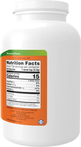 Miniatura 2 de NOW Suplementos, orgánico certificado, polvo de espirulina, rico en betacaroteno (vitamina A) y B-12 con GLA y clorofila naturales, 1 libra