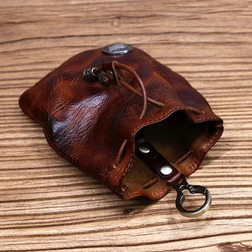 Miniatura 7 de Wugebud 1 llavero medieval de cuero, organizador de monedas, soporte para cambios, bolsa de cuero con cordón para hombres y mujeres, Marrón