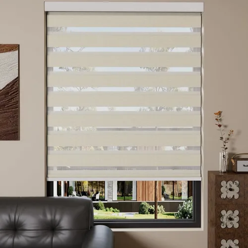 Miniatura 24 de MYshade Persianas enrollables de cebra opacas (85 %) con cordón para ventanas interiores, persianas de doble capa beige para dormitorio, baño, sala