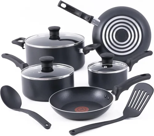 T-fal Essentials - Juego de ollas y sartenes antiadherentes de cocina, 10 piezas, color negro
