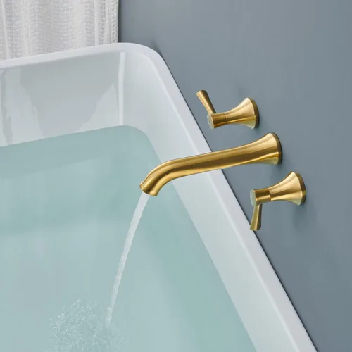 Miniatura 4 de Llenador de bañera romano de montaje en pared, grifos de bañera de latón dorado cepillado con 2 asas