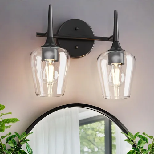 Luz de Tocador Negra de 2 Luces Estilo Granja Moderno Lámpara de Baño con Pantallas en Forma de Copa de Vino para Espejo de 16 Pulgadas, Aplique de