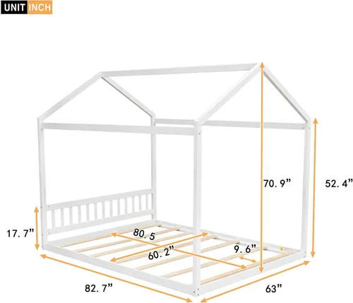 Miniatura 2 de MERITLINE Cama de casa tamaño Queen para niños, cama Montessori de madera con cabecero, techo y listones de soporte, marco de cama Queen para niños