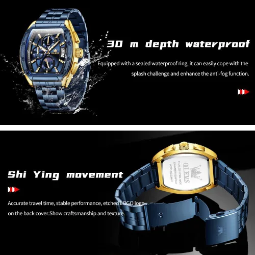 Miniatura 5 de OLEVS Relojes para Hombres Cronógrafo Impermeable Cara Rectangular Fase Lunar Correa de Acero Inoxidable Relojes de Vestir para Hombres Luminoso