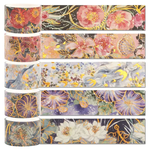 Miniatura 4 de YUBBAEX Blooming Washi - Juego de cintas adhesivas con lámina dorada, cinta de enmascarar peonía ancha decorativa para artes, manualidades DIY