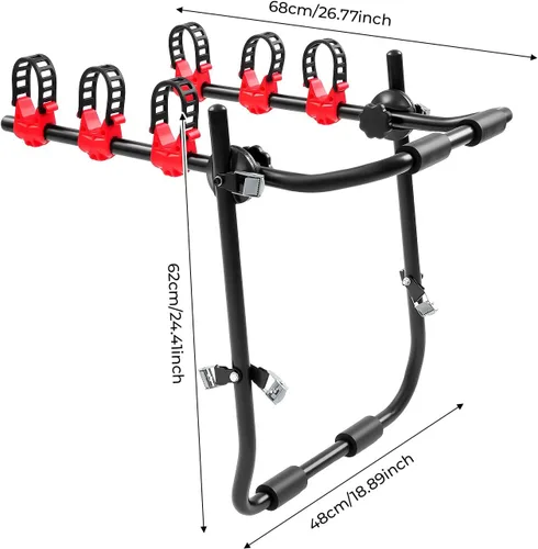 Miniatura 2 de Soporte de bicicleta de coche para 3 bicicletas, con correas ajustables para maletero, se pliega para almacenamiento, compatible con la mayoría