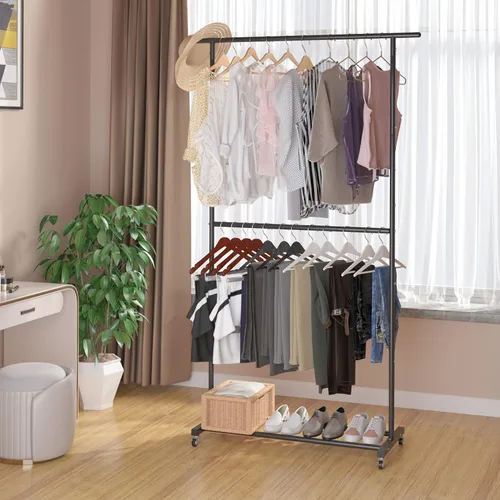 Miniatura 3 de Sywhitta Perchero de Ropa de Doble Barra Rodante, Organizador de Ropa con Ruedas para Colgar Ropa, Fácil de Ensamblar, Ajustable, Negro