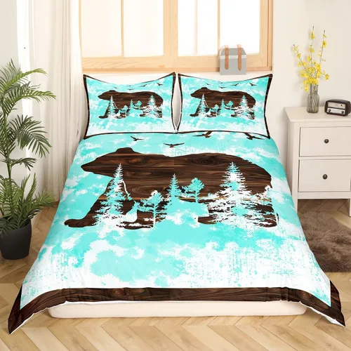 Miniatura 2 de Juego de funda de edredón de oso para niños, juego de ropa de cama de animales salvajes para niños, naturaleza, vida silvestre, oso, pájaro, juego