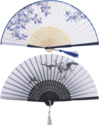 Miniatura 8 de Hotop 2 abanicos de mano plegables de seda con marcos de bambú para mujeres, color rosa y azul, portátil, artesanías chinas para bailar, accesorios