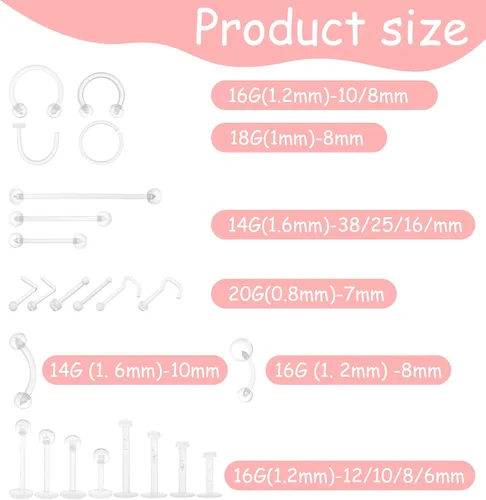 Miniatura 2 de 60 piezas de retenedores de nariz transparentes Bioflex acrílicos para el trabajo escolar, nariz, vientre, pezón, lengua, tabique, cejas, labios