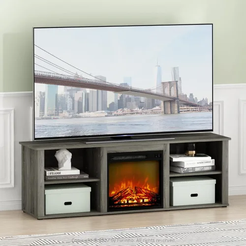 Miniatura 2 de Furinno Soporte clásico de TV de 70 pulgadas con chimenea, roble francés gris gris roble francés
