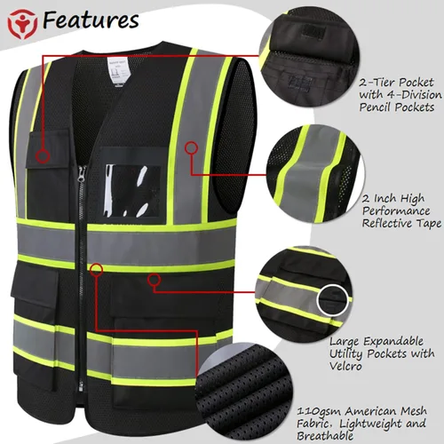 Miniatura 3 de Chaleco de seguridad reflectante de alta visibilidad para hombres y mujeres con bolsillos y cremallera frontal, cumple con los estándares ANSI/ISEA
