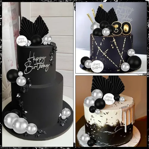Miniatura 7 de MEMOVAN 26 piezas de decoración de pastel de cumpleaños para hombre, decoración de pastel bohemio negro, bolas negras plateadas, hojas de palma