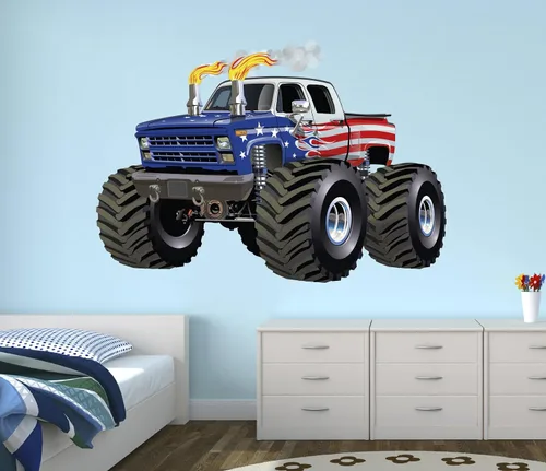 Calcomanía de pared de camión monstruo con bandera, arte para guardería, decoración de dormitorio de niños, vinilo para sala de juegos, mural West