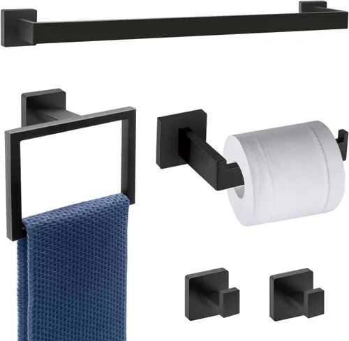 Dorudon Atrox Juego de accesorios de baño de 5 piezas, juego de toallero negro con 2 ganchos para toallas, toallero de baño de acero inoxidable
