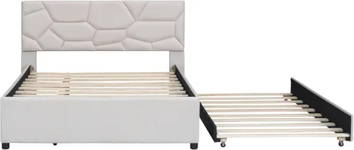 Miniatura 6 de Harper & Bright Designs Cama de plataforma tapizada de tamaño matrimonial con nido y cabecero, marco de cama tapizado de lino, no necesita somier
