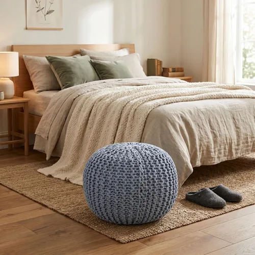 Miniatura 8 de BIRDROCK HOME Puf Otomano Redondo Taburete de Pie de Algodón Trenzado con Relleno de Frijoles Reposapiés Bohemio para Sala de Estar y Dormitorio