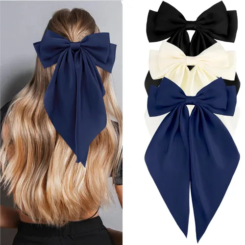 Velscrun Lazos para el cabello para mujeres y niñas, 3 unidades, lazo blanco, lazo negro, azul marino, lazos grandes para el cabello con clip, lazos