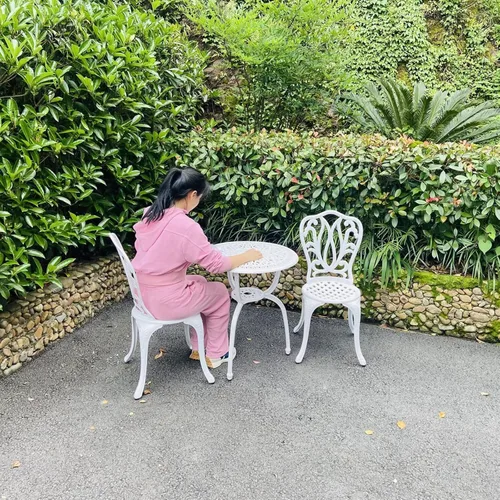 Miniatura 5 de KAILI Juego de 3 muebles de patio de aluminio fundido para patio, jardín al aire libre, mesas y sillas a prueba de óxido, juego de bisrto blanco