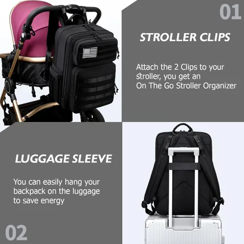 Miniatura 7 de LORADI Bolsa de pañales para papá con bolsillos aislados, clips para cochecito y funda de equipaje para viajes, bolsa táctica grande para pañales