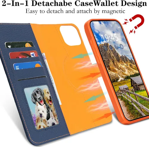 Miniatura 6 de Funda desmontable de piel auténtica para iPhone 13/14, funda magnética 2 en 1 extraíble, soporte de carga MagSafe, función de soporte para tarjetas