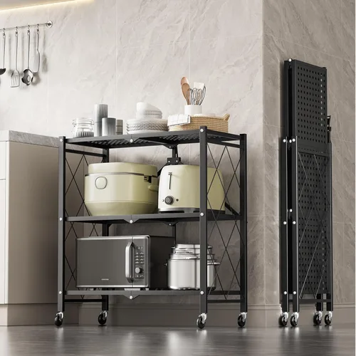 Miniatura 2 de HealSmart Estantería plegable de metal resistente de 3 niveles con ruedas, estantes organizadores para garaje y cocina con capacidad de hasta 750