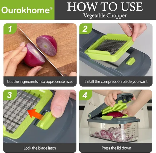 Miniatura 6 de Picadora de verduras Ourokhome con recipiente, picadora manual de verduras con 2 cuchillas de corte para tiras de papa, cubos de cebolla, palitos