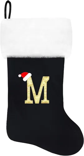 Miniatura 69 de Calcetines de Navidad bordados de 20 pulgadas con monograma, terciopelo negro con puño de felpa blanca supersuave, adornos clásicos para decoración