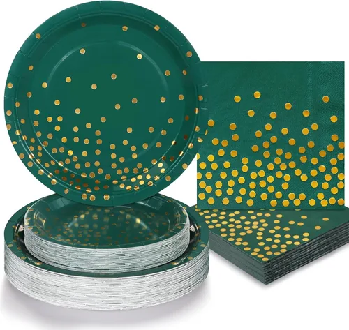 150 piezas de decoraciones de fiesta verdes y doradas, platos verdes y servilletas, suministros de fiesta para 50 invitados, platos de papel de