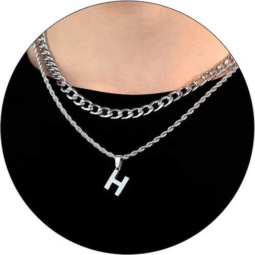 Miniatura 49 de SENRAN Collar con inicial en capas de la A a la Z para hombre, cadena de cuerda torcida de acero inoxidable de 18 a 20 pulgadas, dije de letra