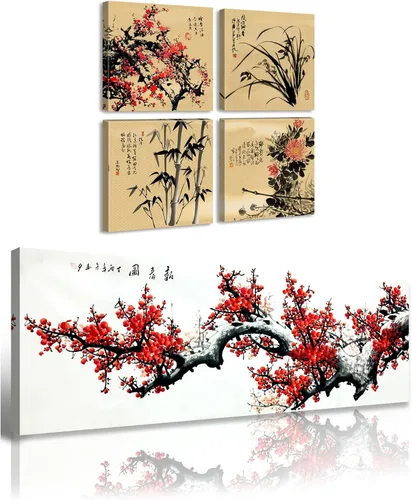 JiazuGo Decoración asiática, pintura china, arte de pared oriental rojo ciruelo flor lienzo cuadros para dormitorio, decoración estética de pared