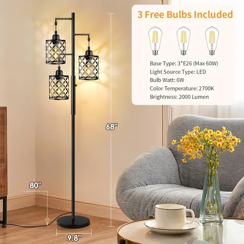 Miniatura 4 de Lámpara de pie regulable, lámpara de pie de granja con elegante jaula de metal, lámparas de pie industriales de árbol alto para sala de estar, Negro