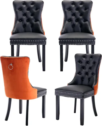 Miniatura 54 de Juego de 2 sillas de comedor de terciopelo, silla de comedor tapizada de alta gama con tirador de anillo en la espalda, adorno de clavos y patas