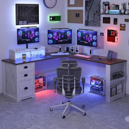 Miniatura 4 de FREDEES Escritorio en forma de L con soporte móvil y luces LED, escritorio de oficina en casa de granja de 59 pulgadas con cajón de archivos