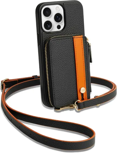 LAMEEKU Funda tipo cartera para iPhone 15 Pro con soporte para tarjetas, funda cruzada de cuero con cremallera y correa de muñeca para mujer, funda