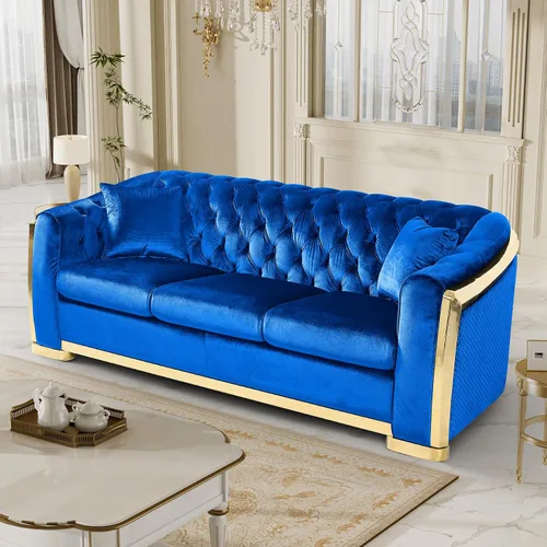 Miniatura 12 de DAMAIFROM Sofá Chesterfield moderno de mediados de siglo, sofá de terciopelo de 62"+84" pulgadas, sofá de terciopelo negro y dorado, sofá curvo